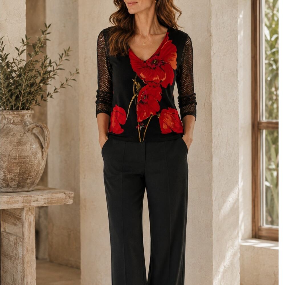 NYGARD COLLECTION Women's Vibrant Floral Knit Top Crochet 3/4 Sleeves SZ L